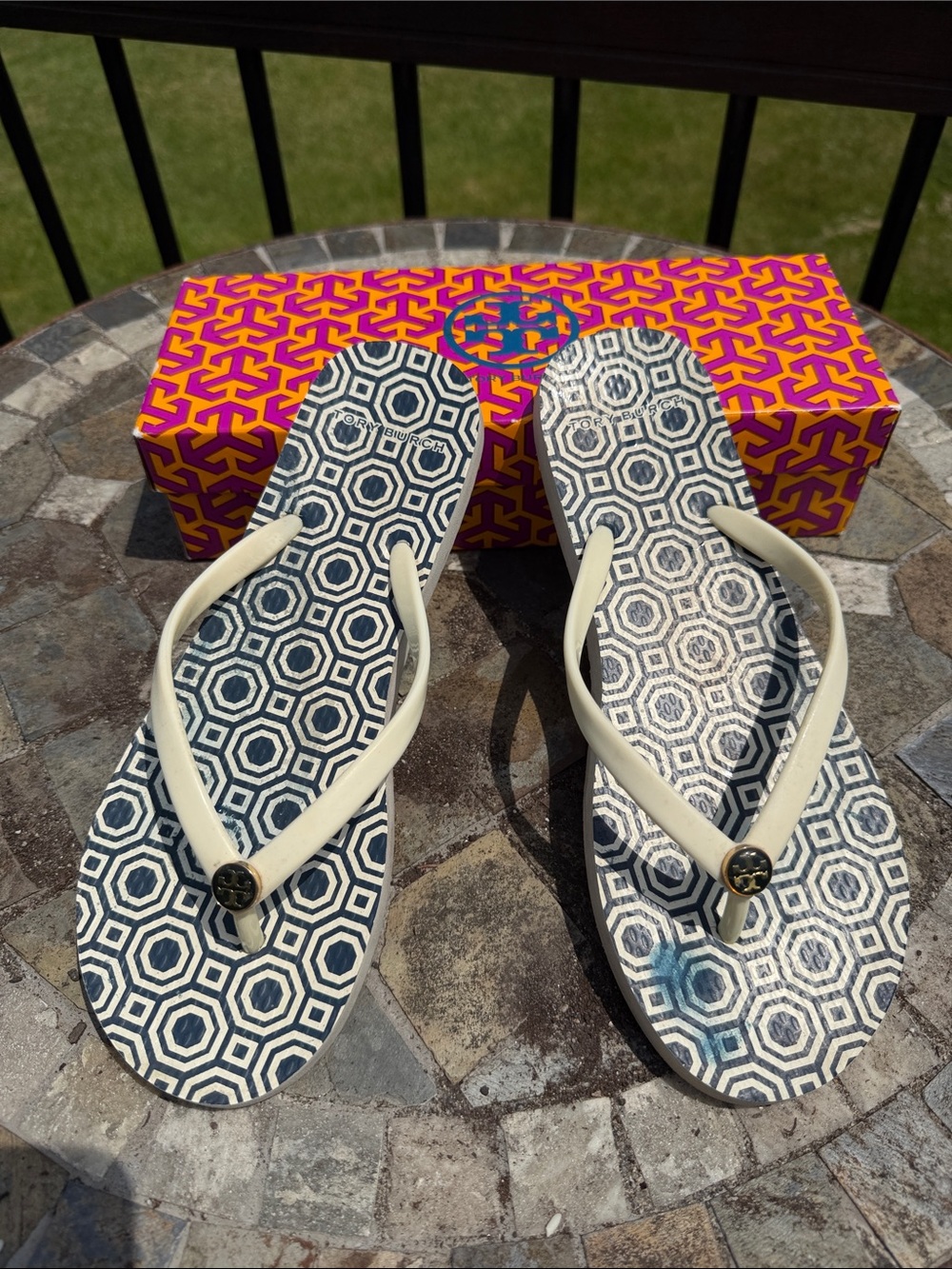 Tory Burch Cream Strap Flip Flop Sandals with Navy Geometric Footbed